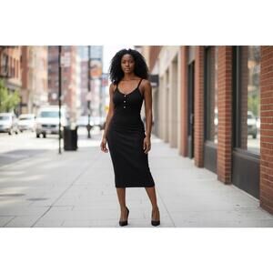 Black Sleeveless Midi Dress with Button Front